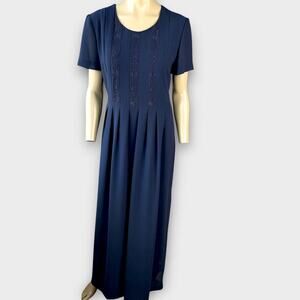 Jessica Howard Vintage Short Sleeves Embroidered Pleated Maxi Dress Size 12 Navy
